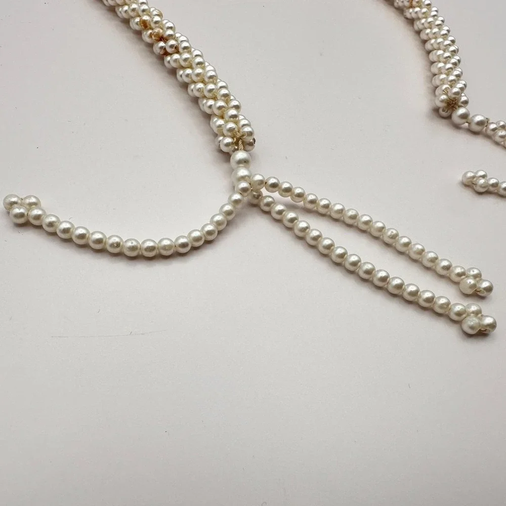 Vintage 90s Faux Pearl Cream White‎ Beaded Braided Tassel Necklace Statement Y2K